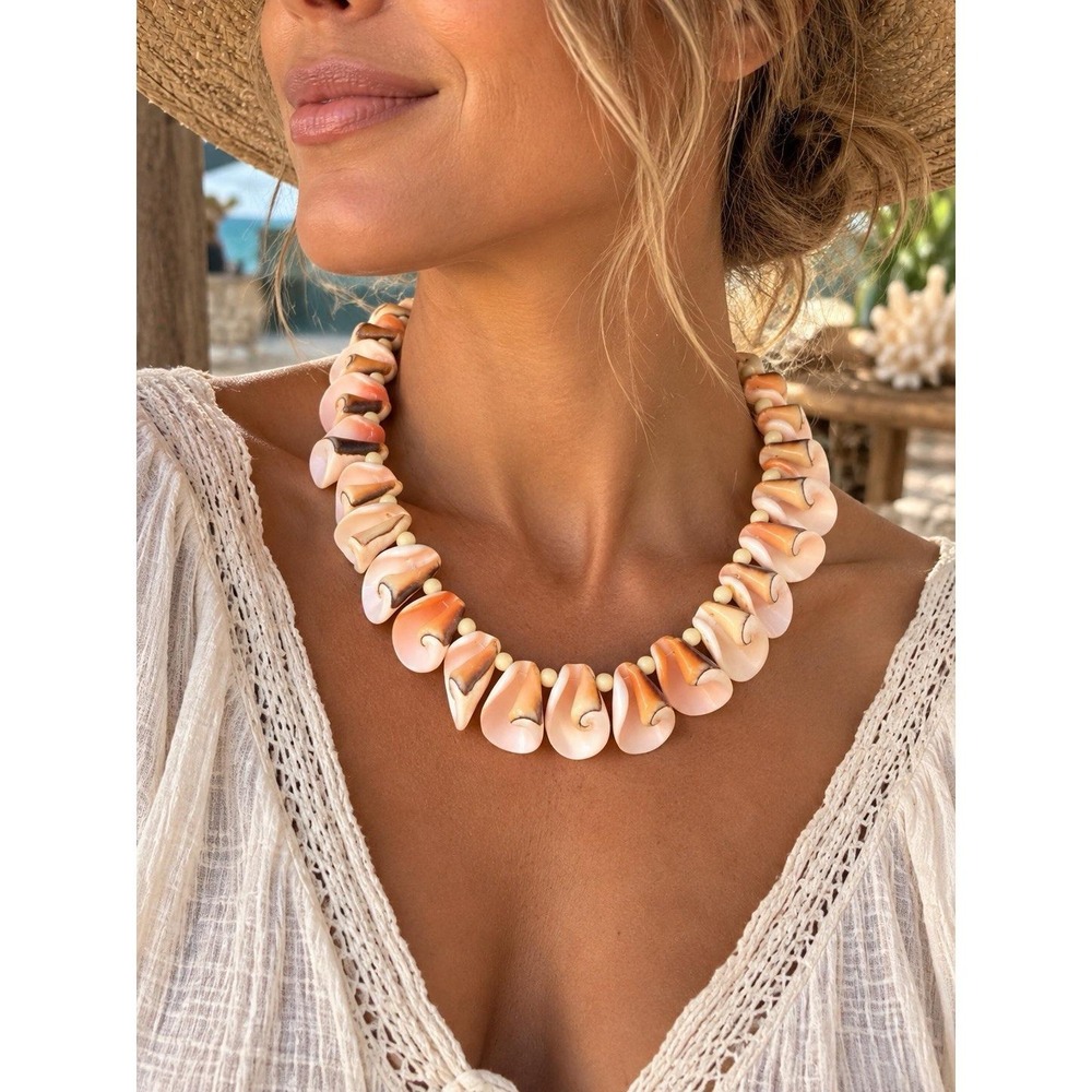 VTG Pink Conch Spiral Shell Necklace 16" Graduated Statement Boho Coastal